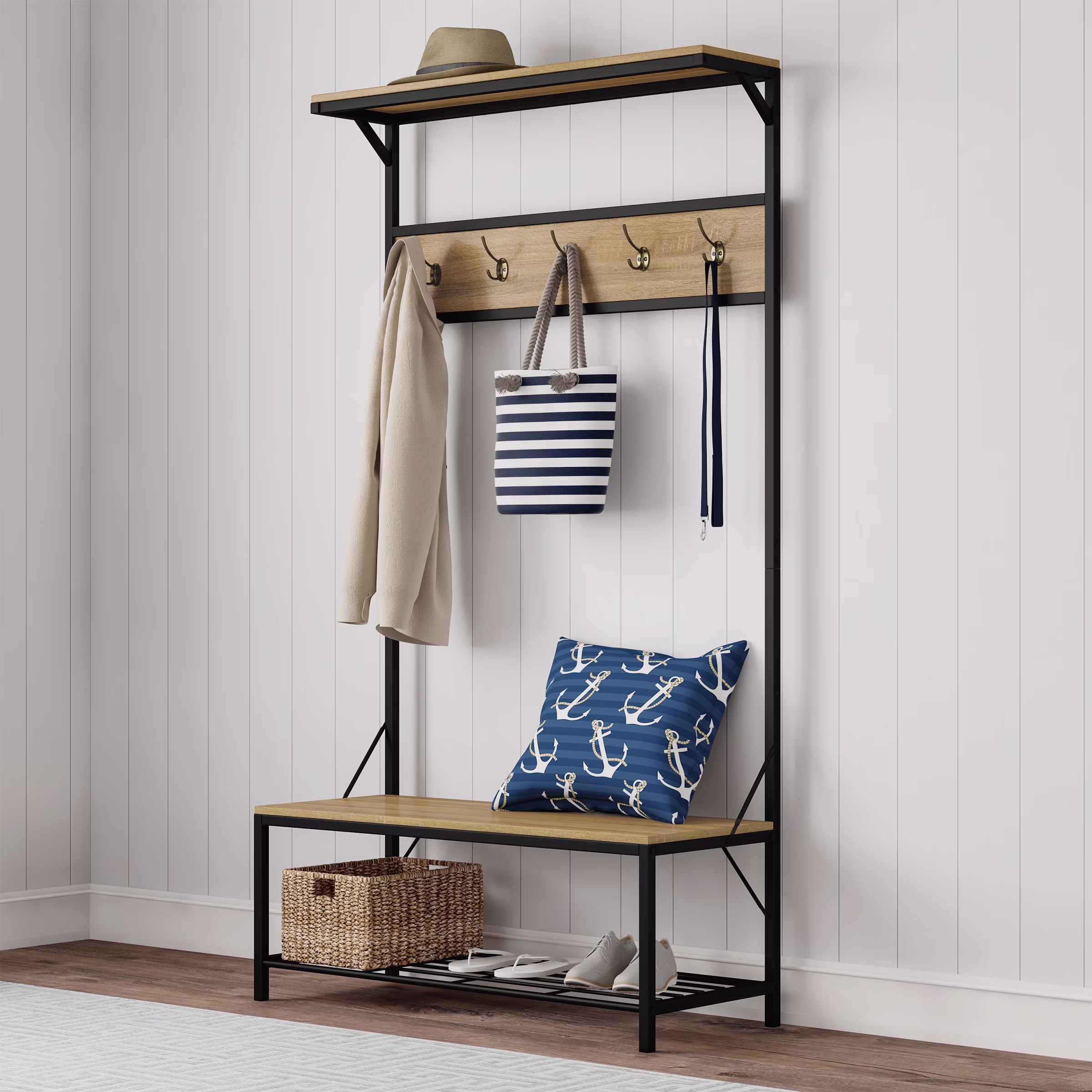 Lavish Home Entryway Bench with Seat and Shoe Storage (Woodgrain-Look)