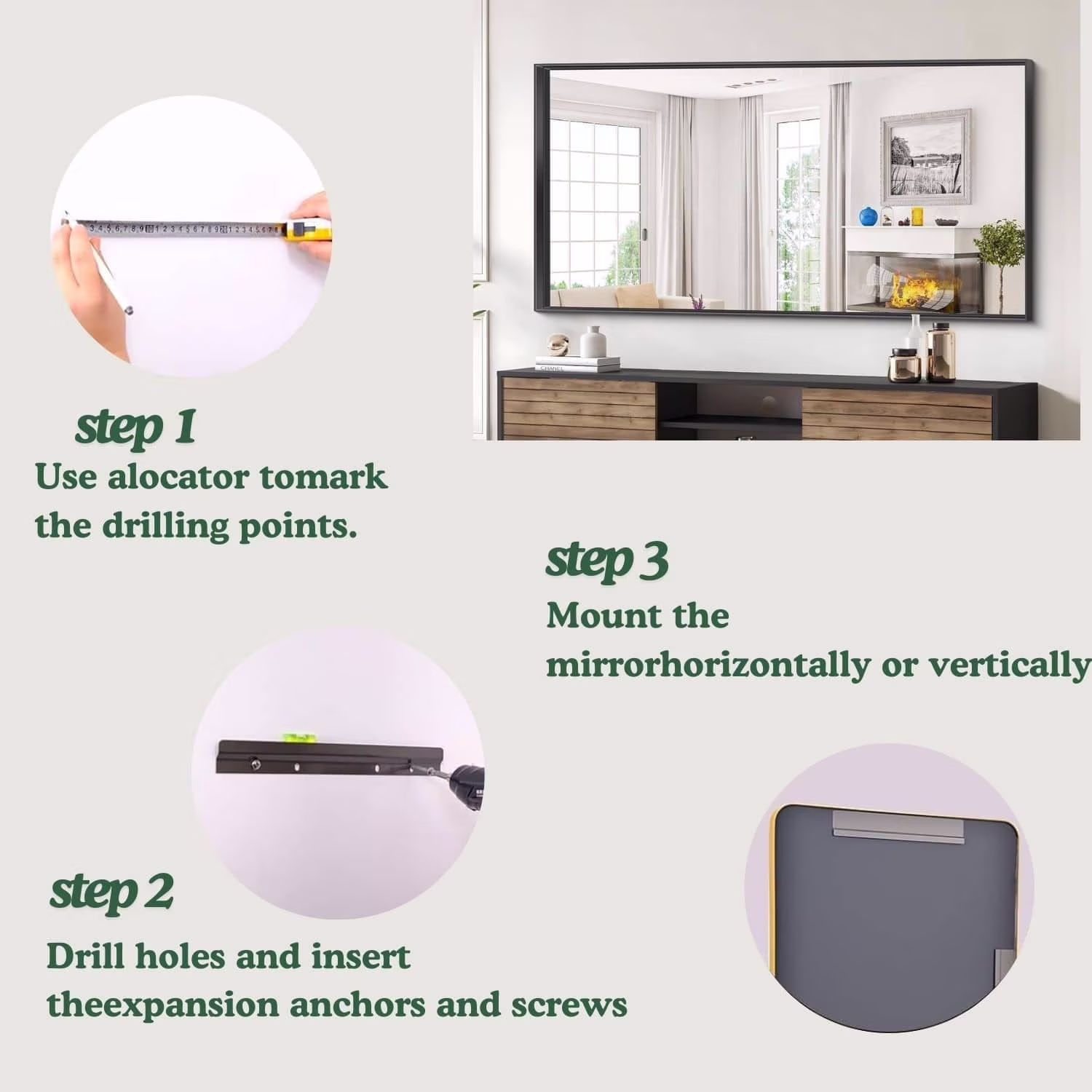 Organnice  Rectangular Mirror Modern Black Frame Bathroom Vanity Mirror Clean Glass 60"L*28"W