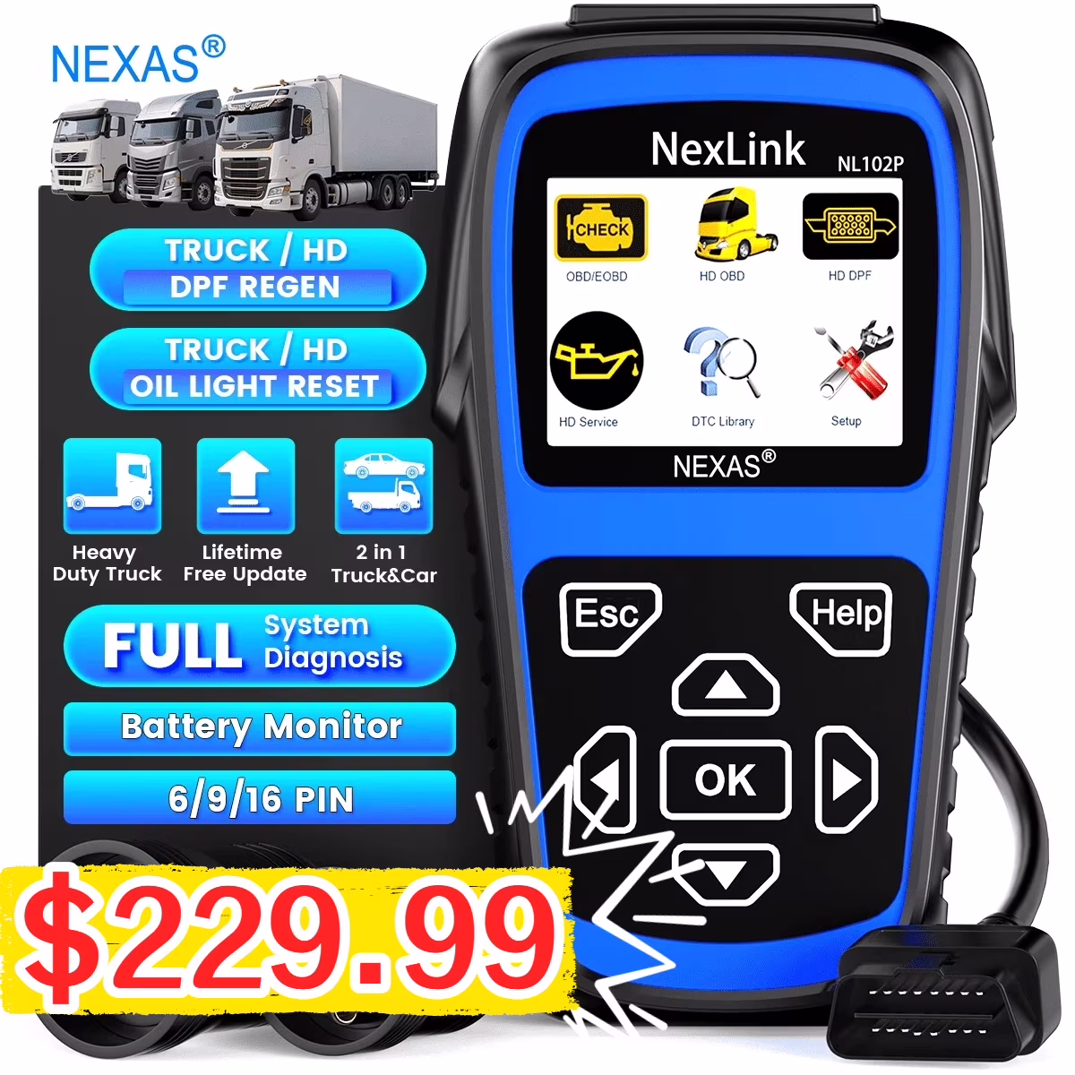Nexas NL102P Diesel Truck Scanner HD OBD Heavy Duty Truck Diagnostic Scan Tool DPF Regen Oil Reset OBD2 Scanner Truck Car 2 in 1 Code Reader