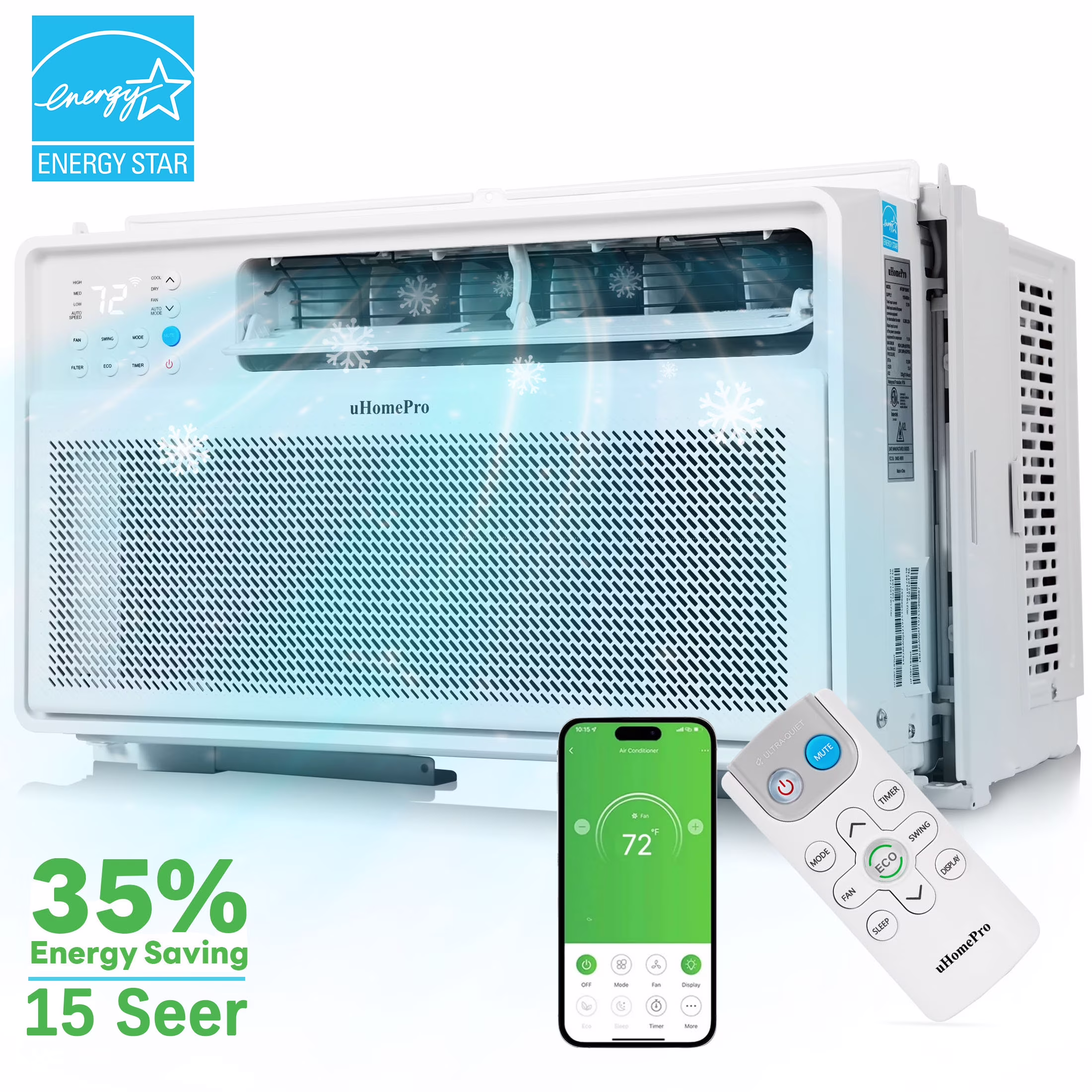 UHOMEPRO 8000 BTU Window Air Conditioner, 15-CEER Energy Efficient Window Air Conditioners, 35% Energy Saving, 42dB Super Quiet, Smart Inverter AC Window Unit, Fast Cooling, Easy Install