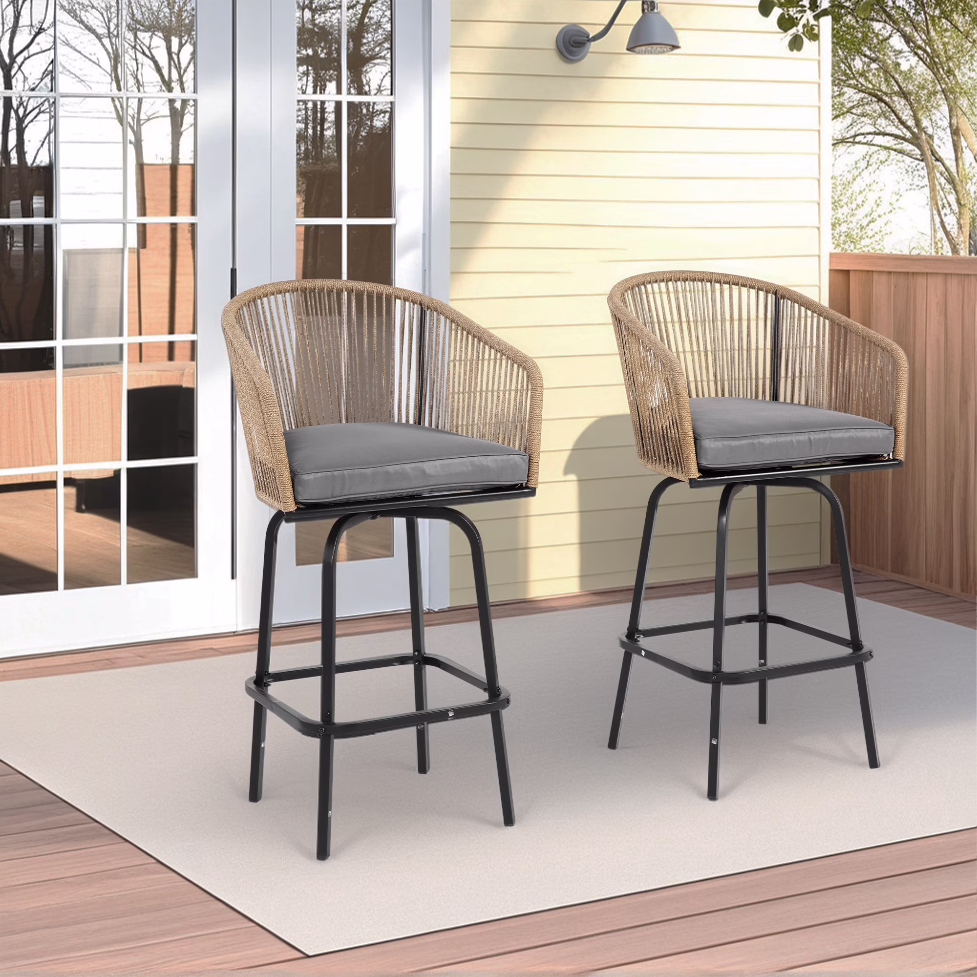 MOONMISS Outdoor Patio 360��Swivel All Weather Rattan Bar Stools(set of 2) with Backrest-Gray