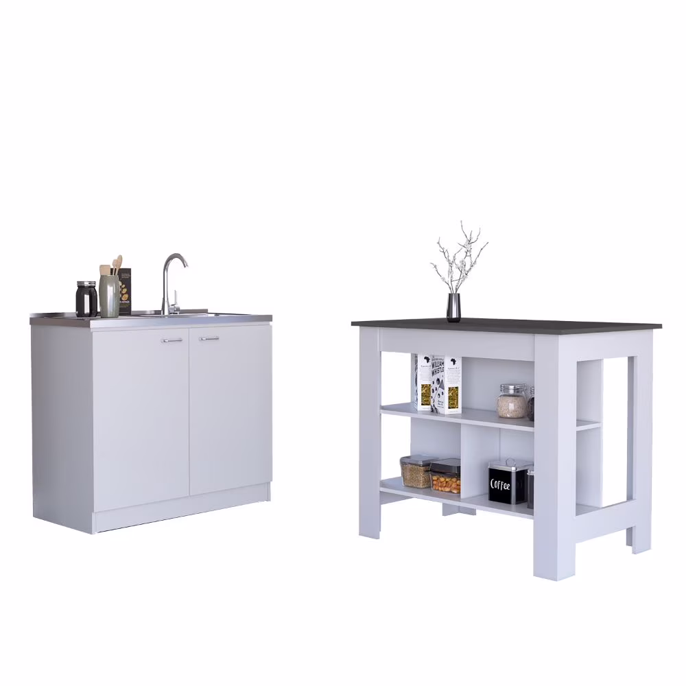 Phoenix 2 Piece Kitchen Set, Cala Kitchen Island + Napoles Utility Sink, White /Onyx