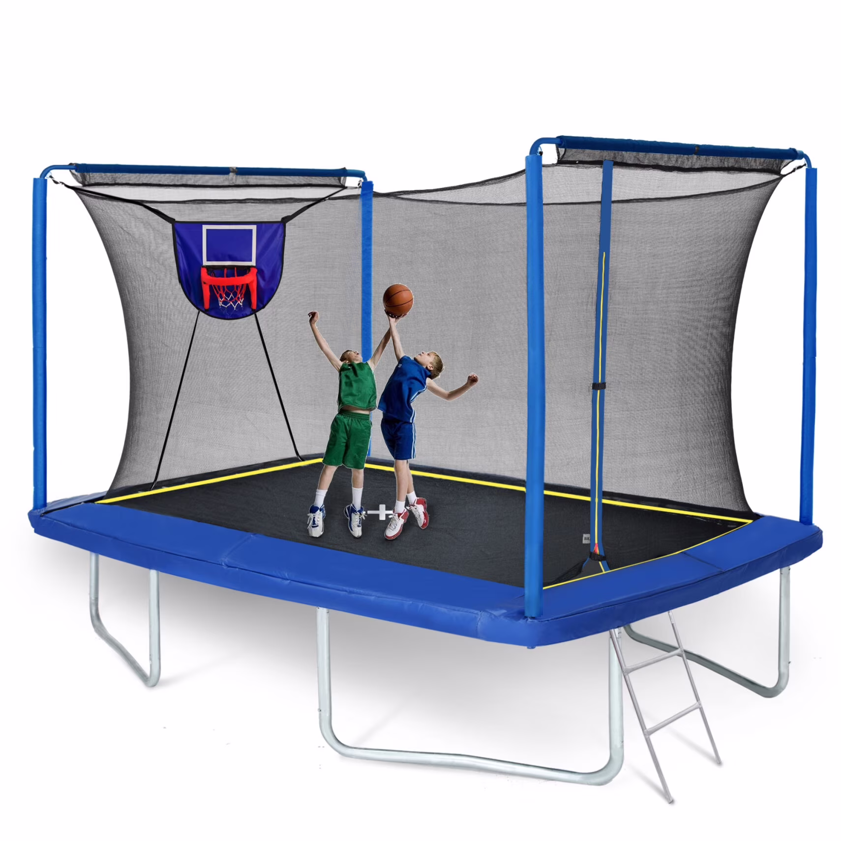 8ft×12ft Rectangular Trampoline with Adjustable Height  Basketball Board,Ball Inflater and Ladder-Blue,ASTM Standard Tested and CPC Certified