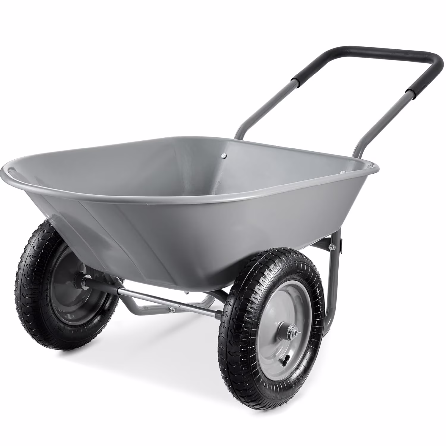 Breezy Living Dual-Wheel Home Utility Yard Wheelbarrow Garden Cart w/Built-in Stand for Lawn, Gardening, Construction - Gray
