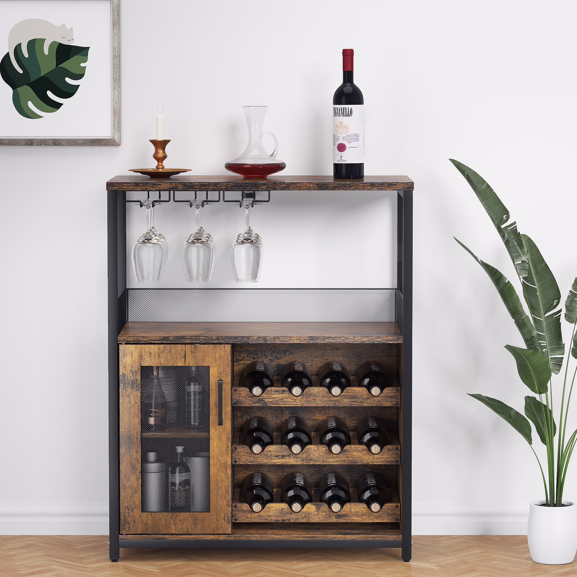 Wine Cabinet Bar Cabinet with Removable Wine Rack, Wine Cabinet and Wine Glass Bar Cabinet with Glass Rack and Mesh Door, Wine Cabinet with Reasonable Functional Partitioning