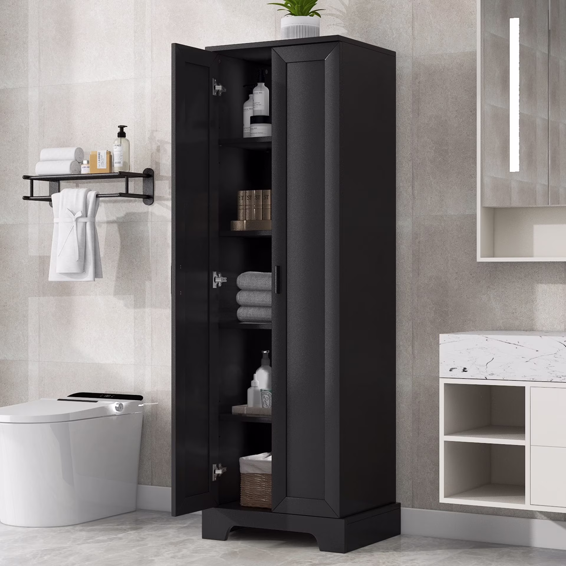 22'' Double Door Storage Cabinet with Adjustable Shelves, High Quality Bathroom Cabinet with  MDF Material, for Living room, Bathroom, Black