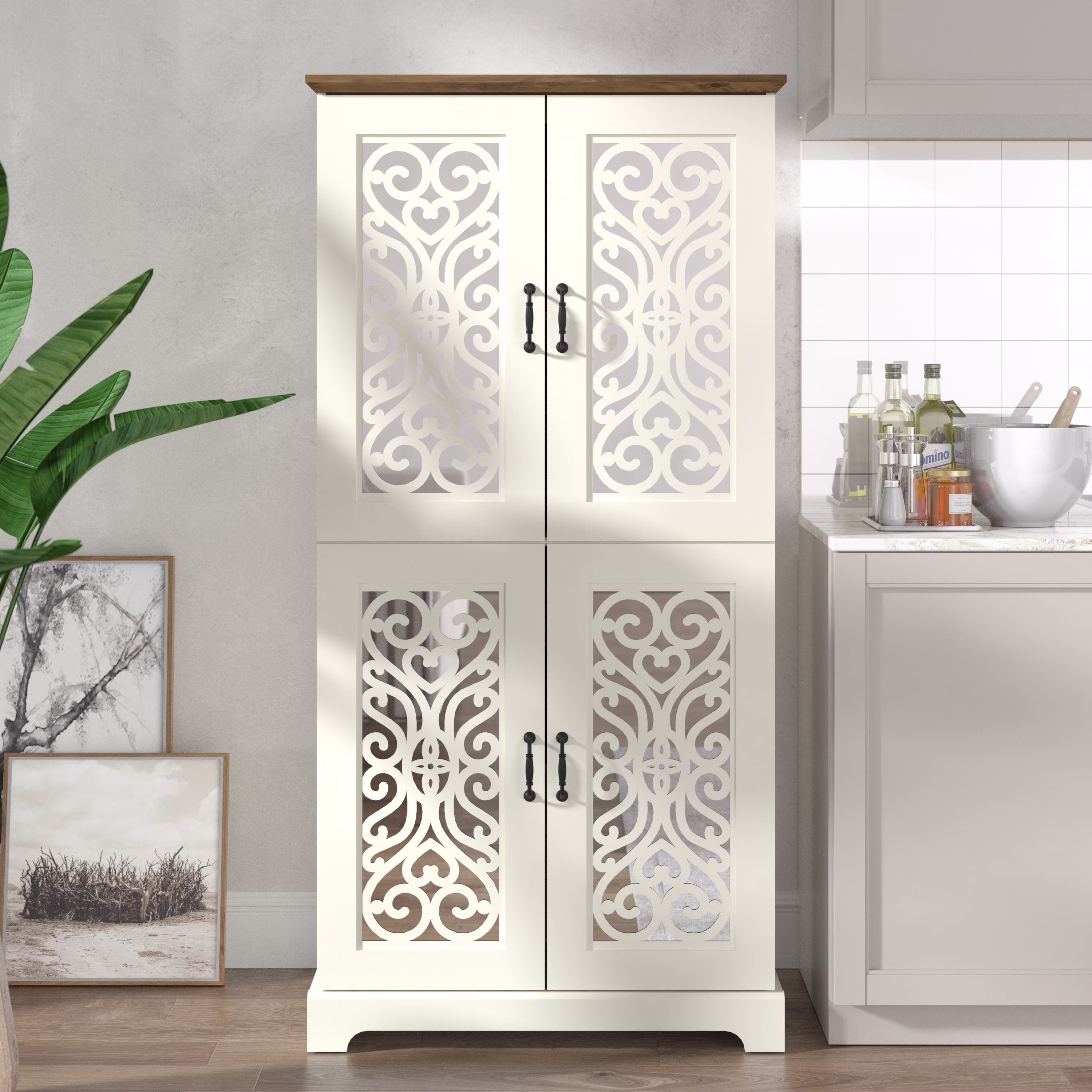 Galano Angelyca 4 Door Kitchen Pantry - Ivory with Knotty Oak