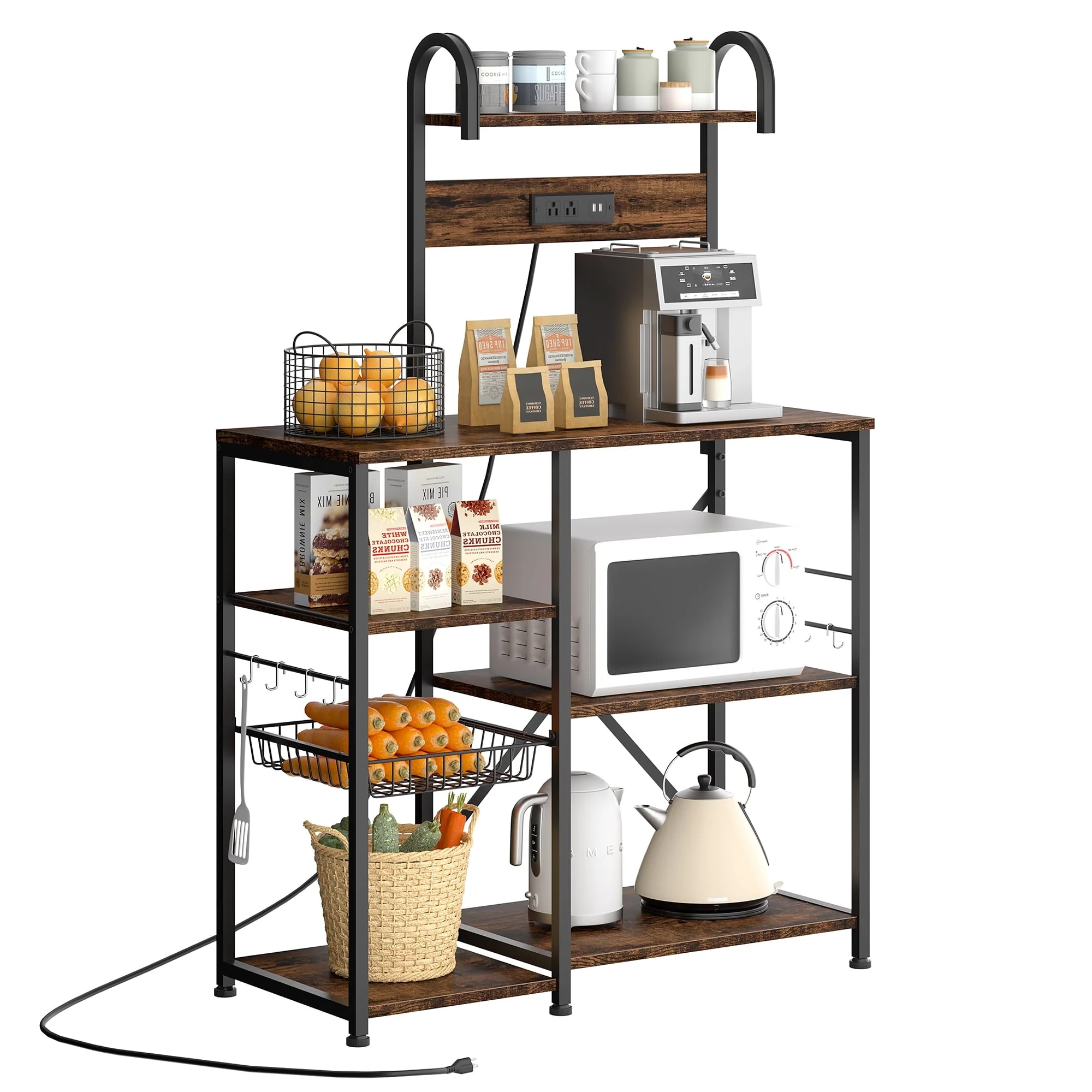 Walsunny Kitchen Bakers Rack with Power Outlet,Industrial Kitchen Island Storage Shelf with 6 Hooks 6 Tier Rack