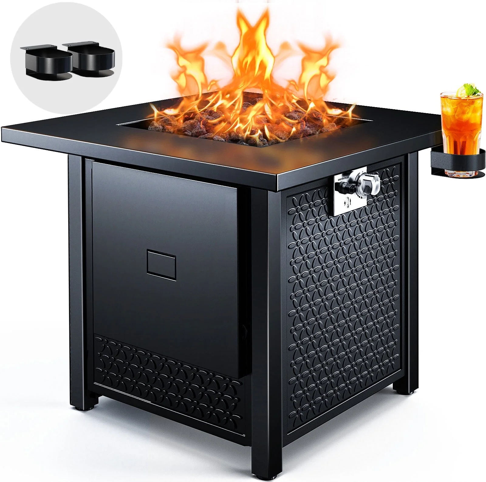28" Gas Fire Pits with 2 Cup Holders for Outside 50,000 BTU Propane Fire Pit Table with Lid and Lava Rock, Black