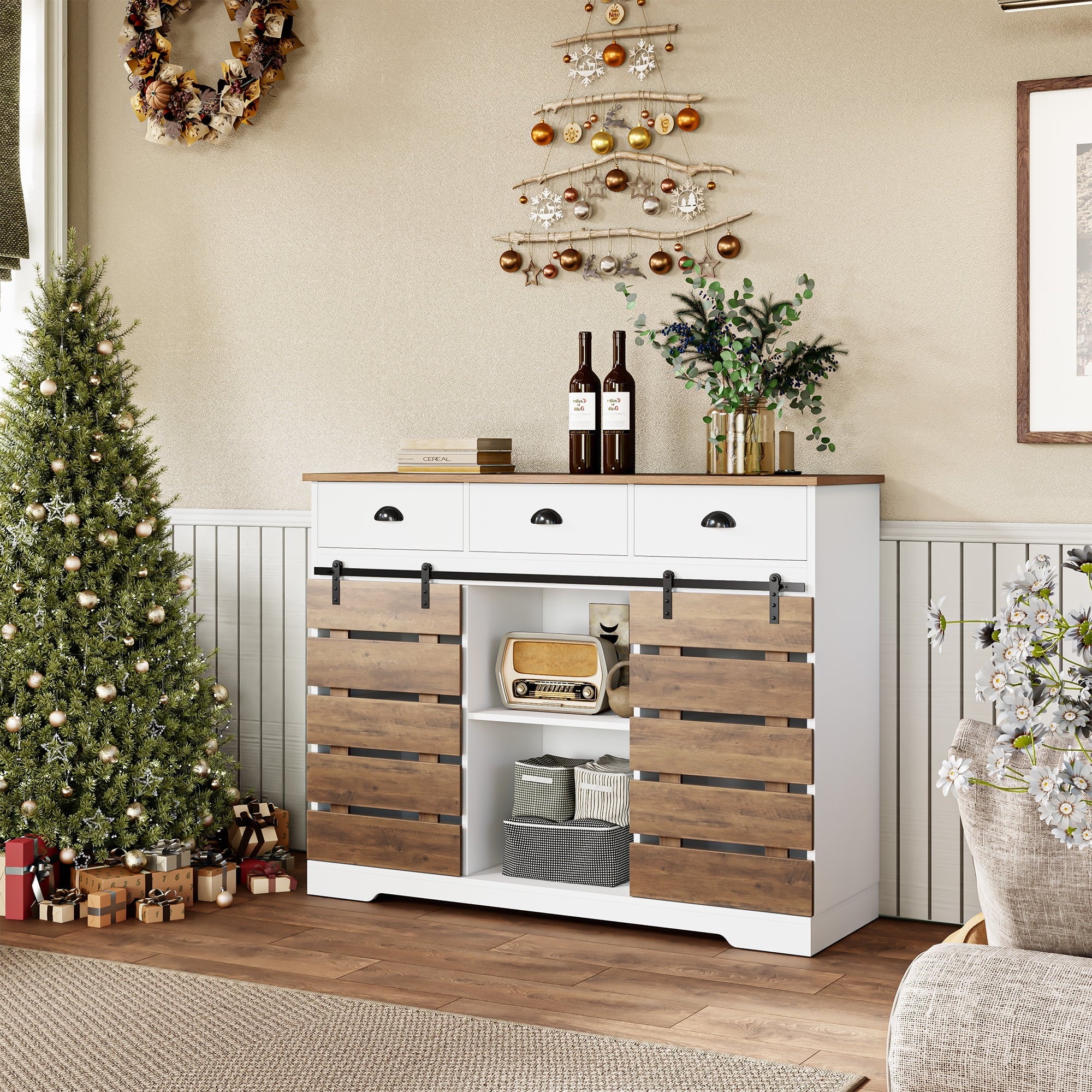 Homfa 47.2‘’ Kitchen Buffet Cabinet, 3 Drawers Farmhouse Coffee Bar Sideboard with 2 Sliding Barn Doors, White