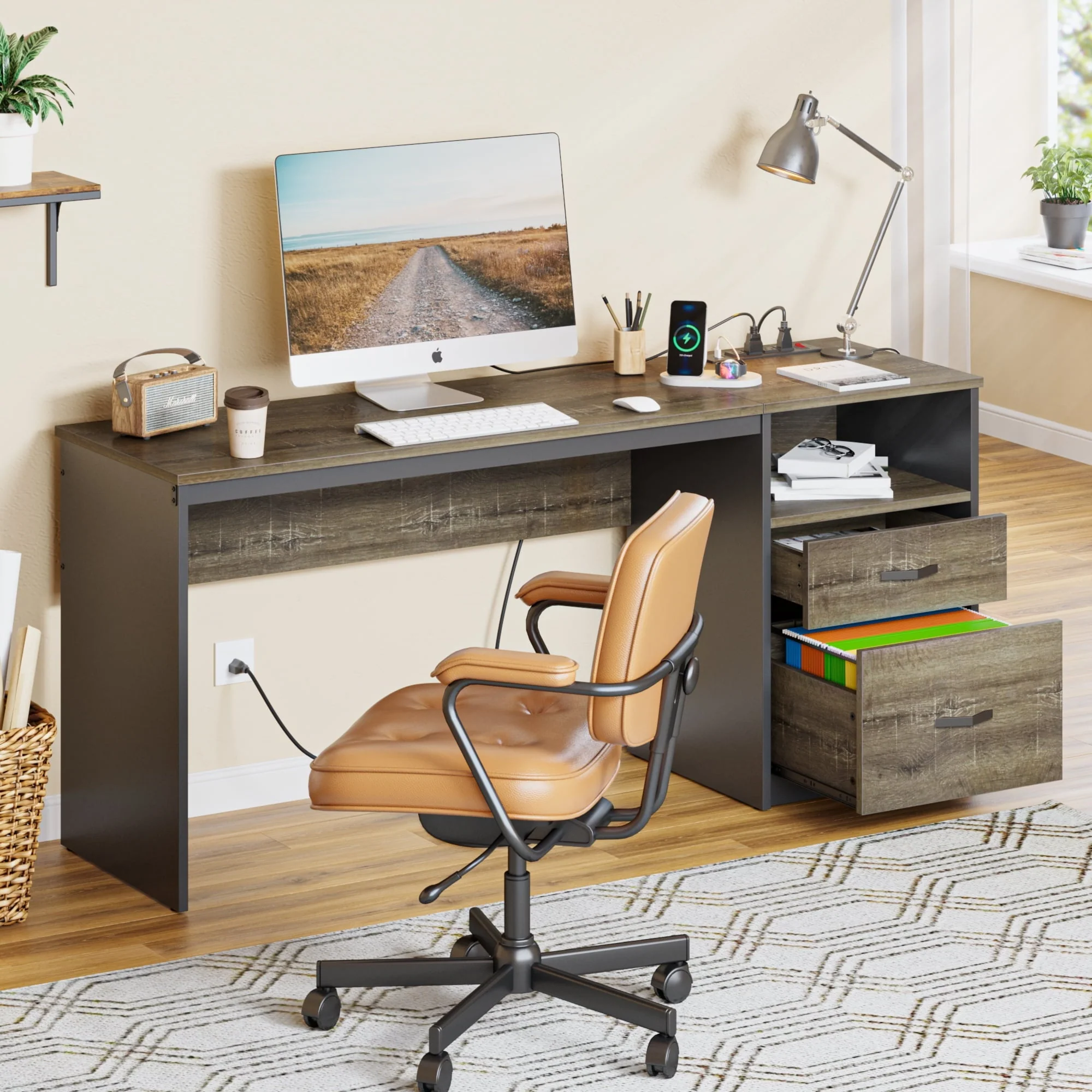 Bestier Computer Desk with Drawers Power Outlet  60" Office Desk Lift Top Desk, Gray