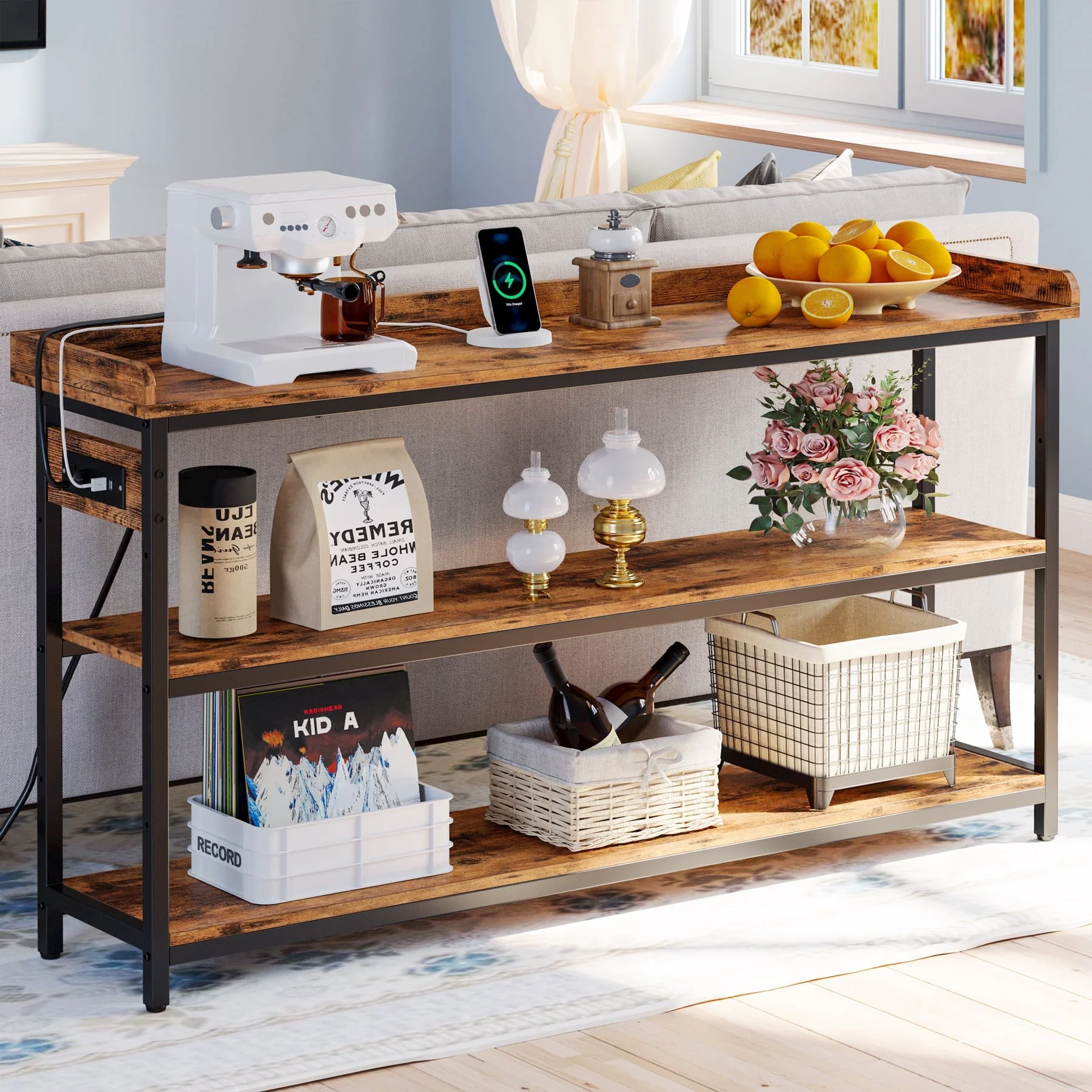 IRONCK Sofa Table, 55" Console Table with Charging Station  for Living Room, Height Adjustable, Rustic Brown