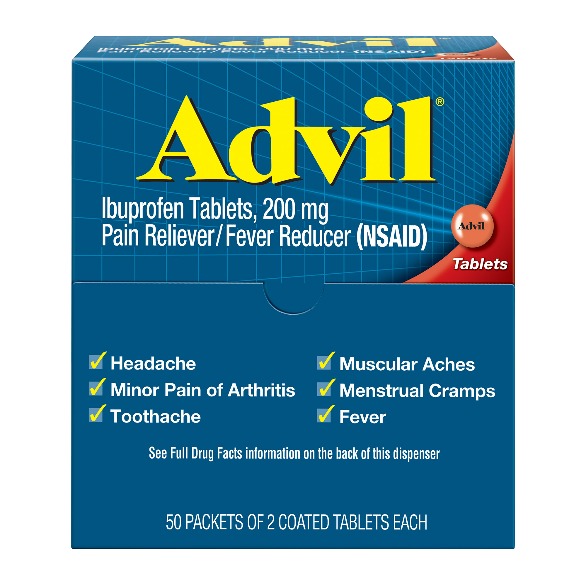 Advil Ibuprofen, 200mg, 50 Packets of 2 Coated Tablets
